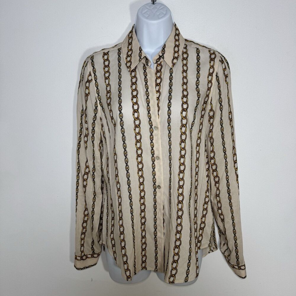 L'Agence Button Up Blouse Neutral Beige Chain Print Long Sleeve Small